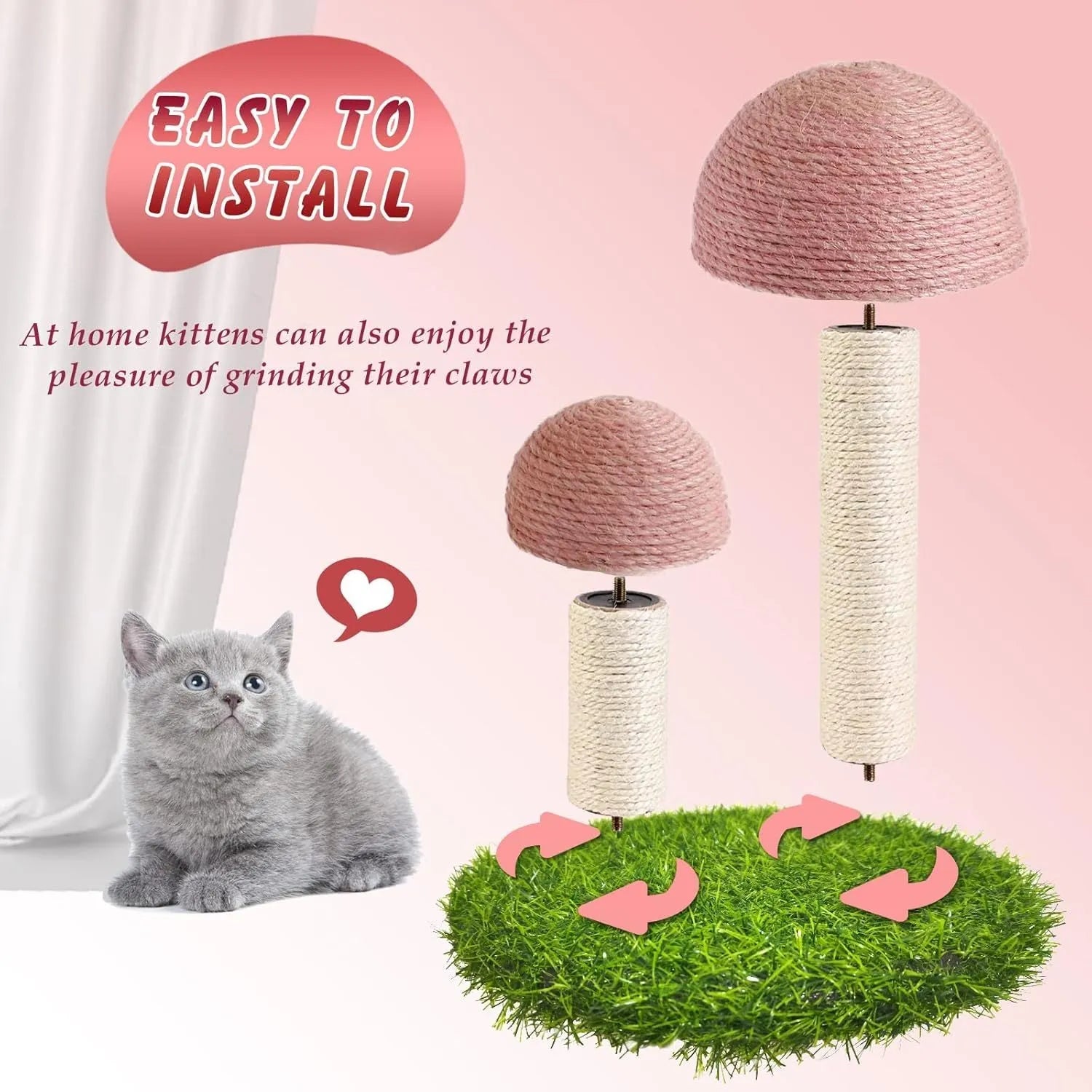 Pink mushroom-shaped cat scratching post with natural sisal scratching surfaces for kittens.