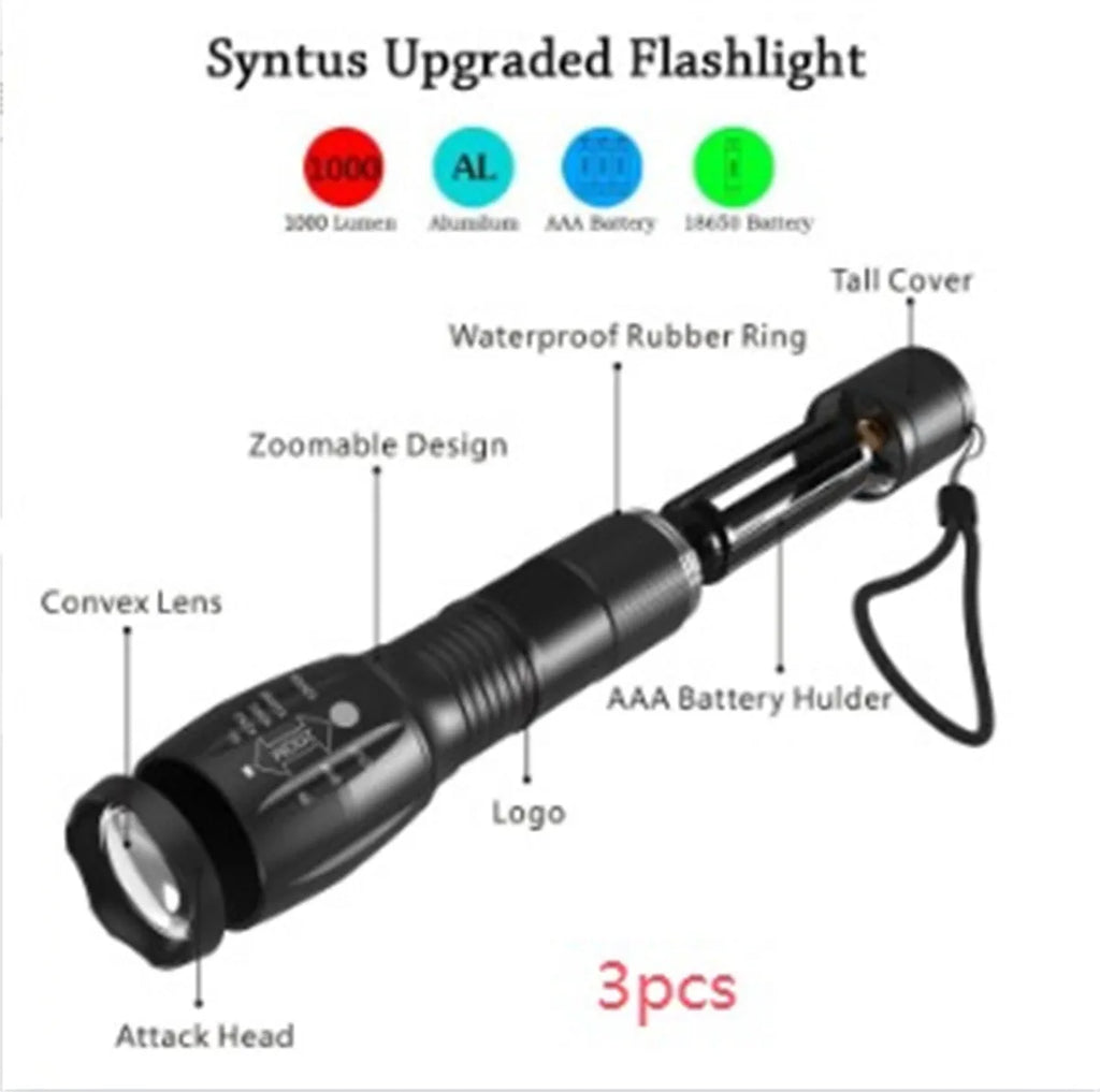 Black aluminium alloy zoomable LED flashlight with adjustable focus ring and textured grip.