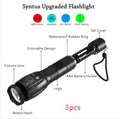 Black aluminium alloy zoomable LED flashlight with adjustable focus ring and textured grip.