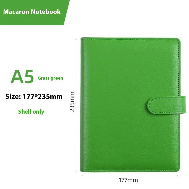 A5 PU leather notebook binder shell with zipper closed, shown in a selection of solid colours.