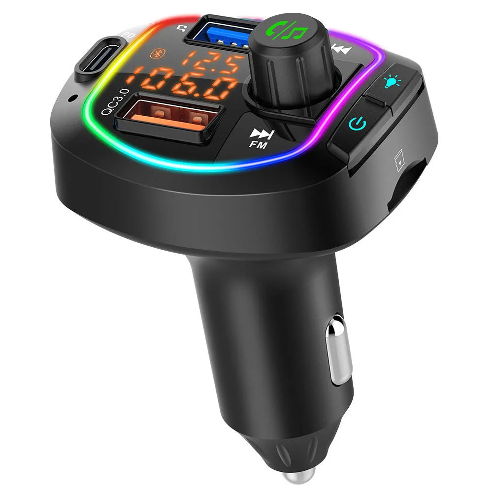 BC66 black car MP3 Bluetooth player with dual digital tube display, fast charging and seven-colour ambience light