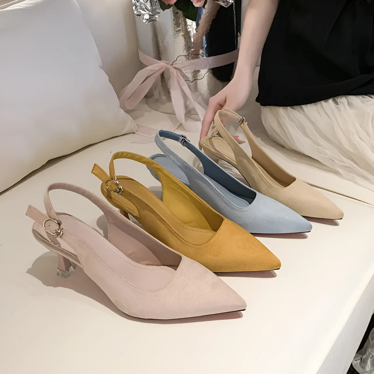 Suede stiletto high heels in apricot, pink, sky blue or yellow with pointed toe and rubber sole