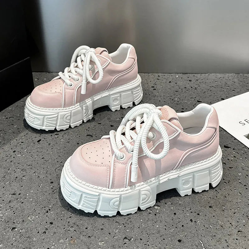 Beige and pink casual leather shoes with muffin bottom design and height increasing soles