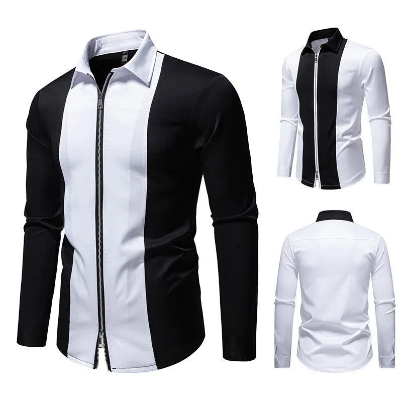 Plus size long sleeve shirt with colour block zipper design in black or white, loose fit, sizes S-XXL