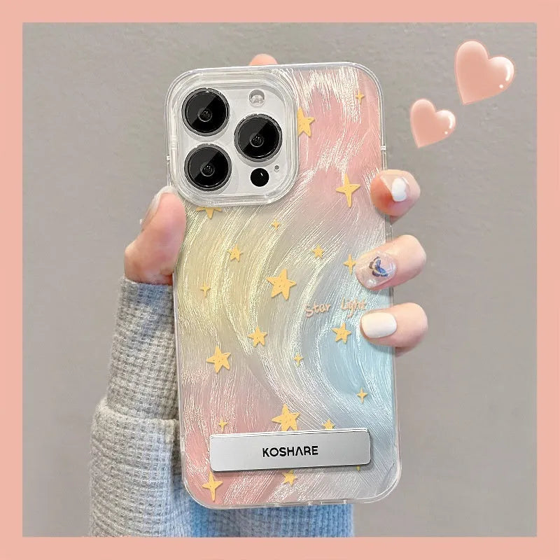 iPhone 15 and 16 PC phone case with smudging star bow bracket, Silver Bow or Silver Pink Butterfly