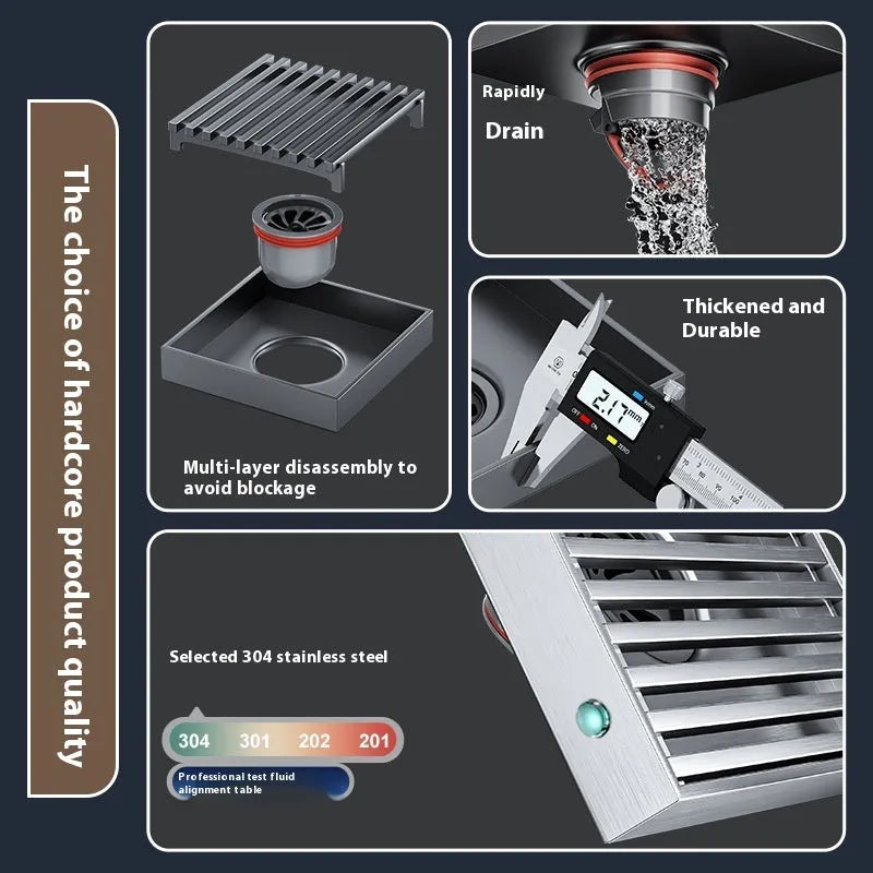 304 stainless steel courtyard deodorant floor drain with gun grey ABS plastic core, 15x15 cm square frame