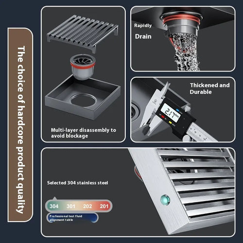 304 stainless steel courtyard deodorant floor drain with gun grey ABS plastic core, 15x15 cm square frame