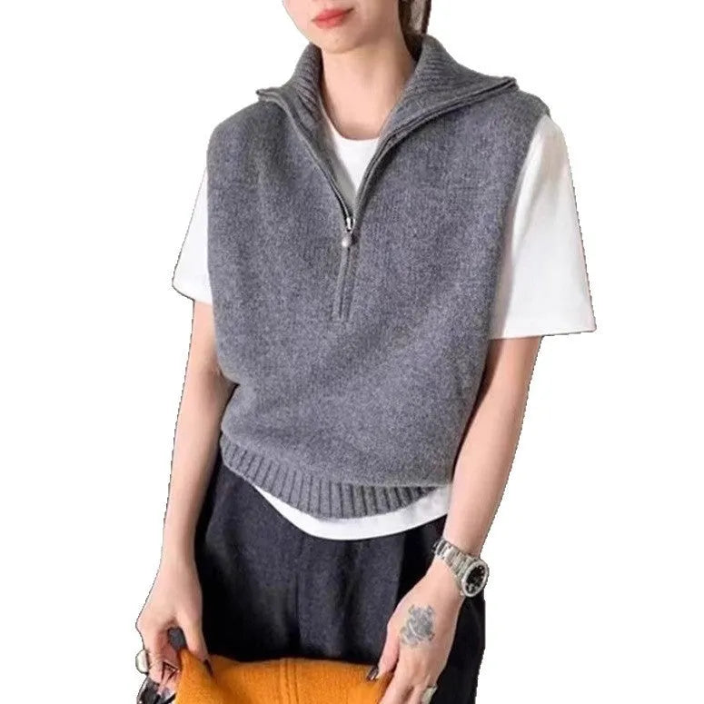 Retro half zipper sleeveless knit vest with 3D pattern in orange polyester mesh fabric