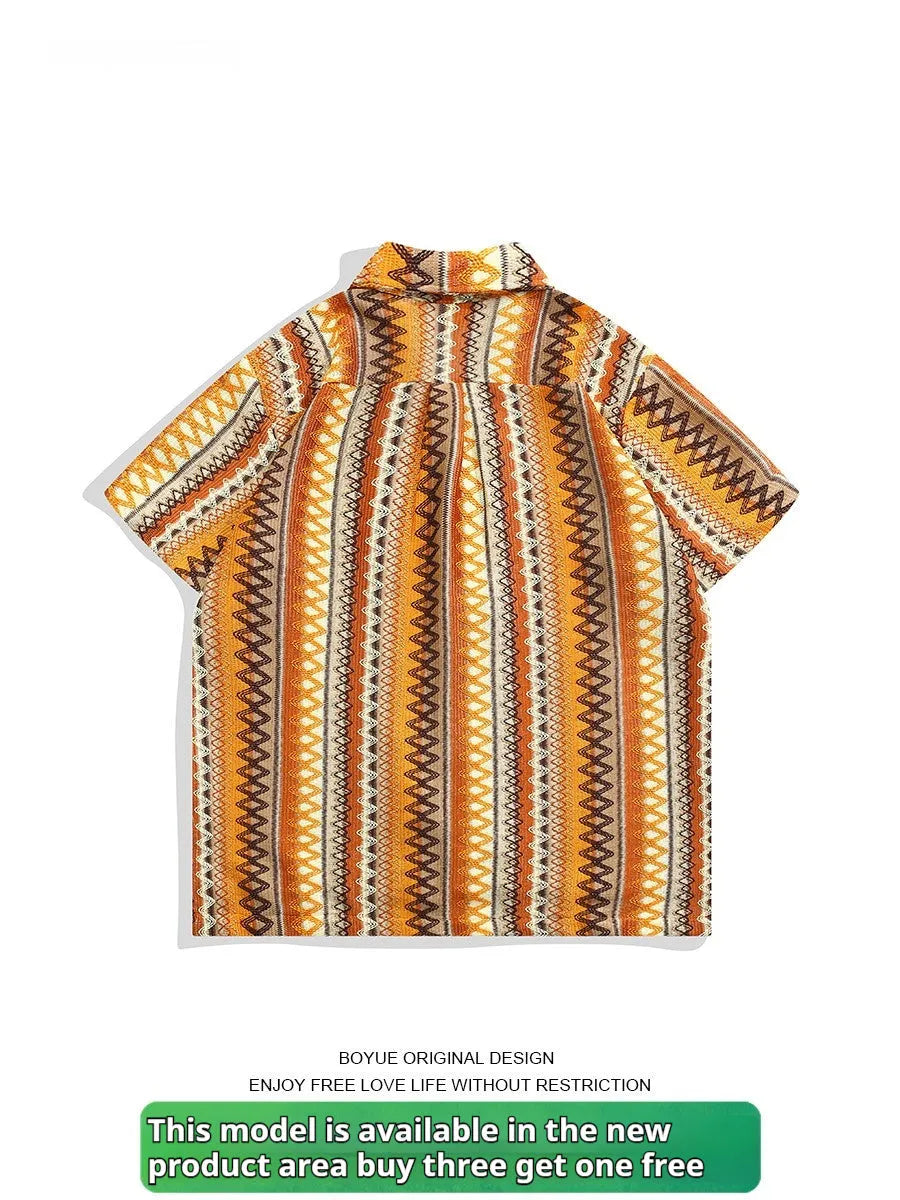 Ethnic woven Cuban collar shirt with contrast colour design and drop-shoulder sleeves