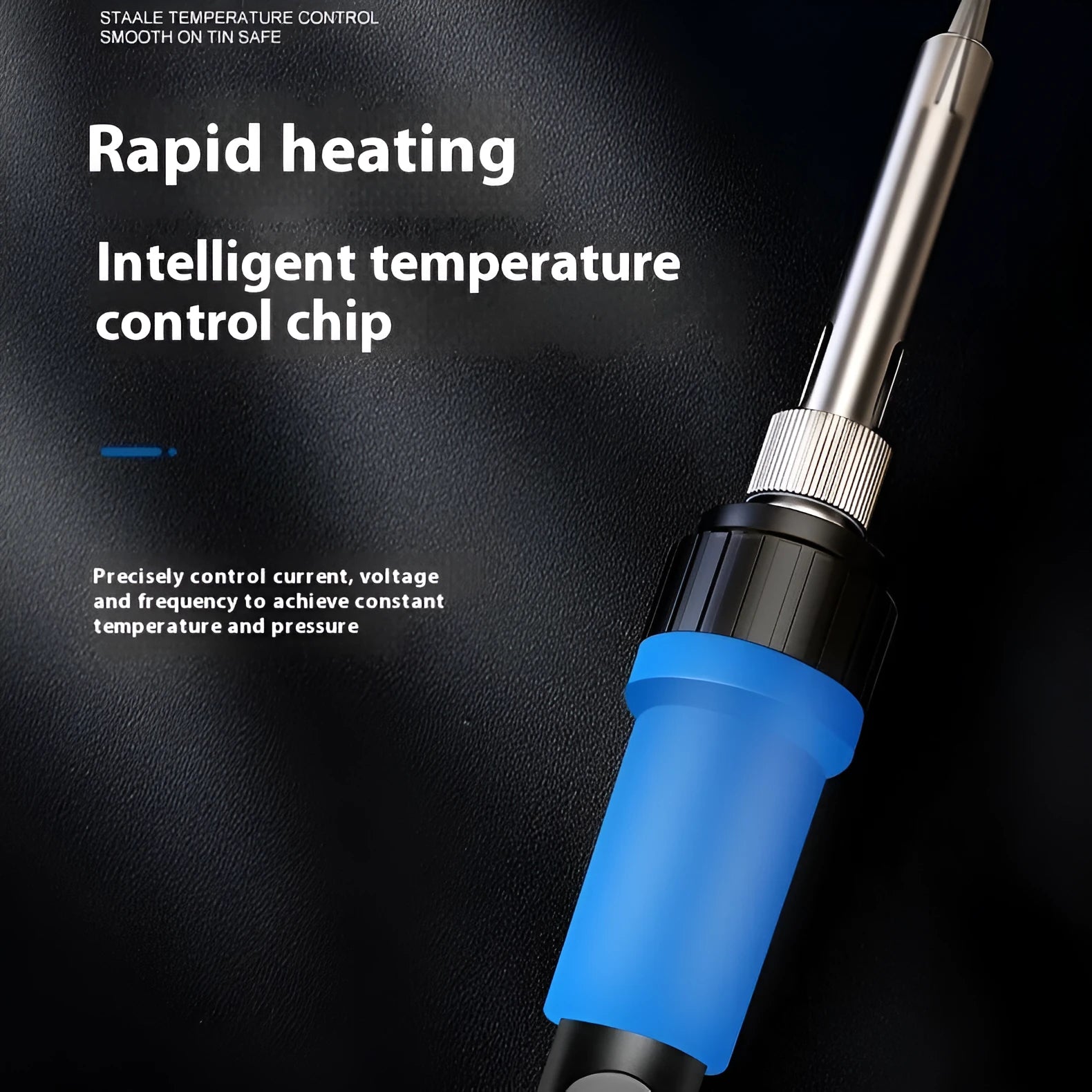 Grey 90W soldering iron kit with ceramic heating core, five tips, and accessories on a workbench.