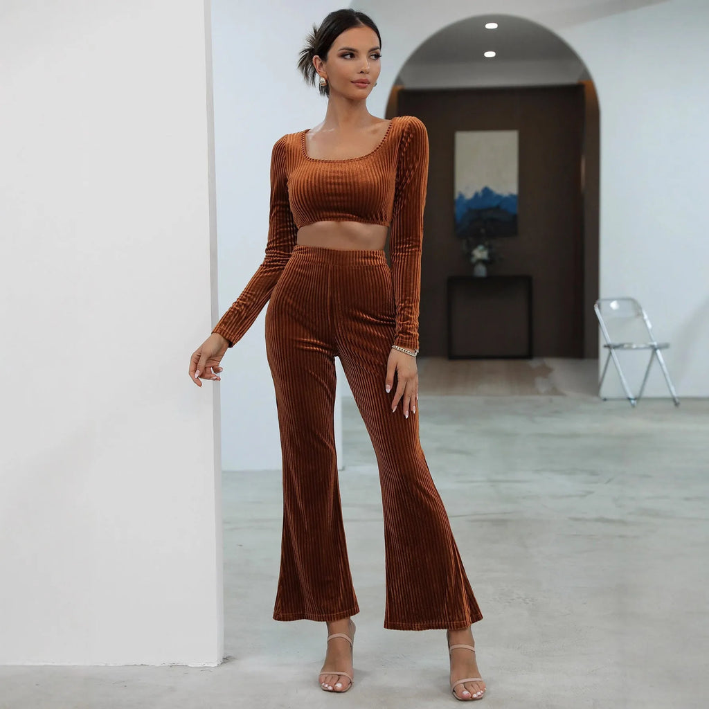 Caramel-coloured long sleeve sweater and trouser casual set on hanger