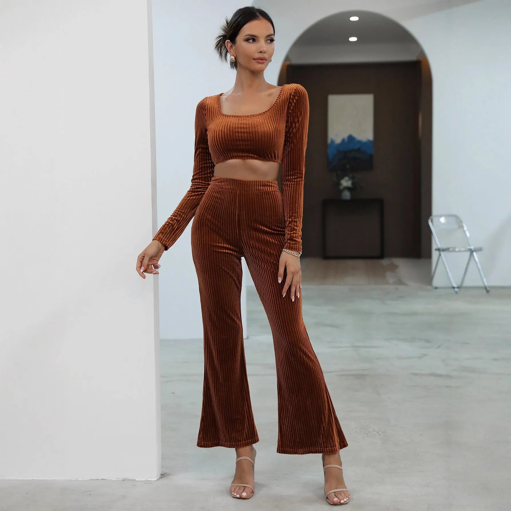 Caramel-coloured long sleeve sweater and trouser casual set on hanger