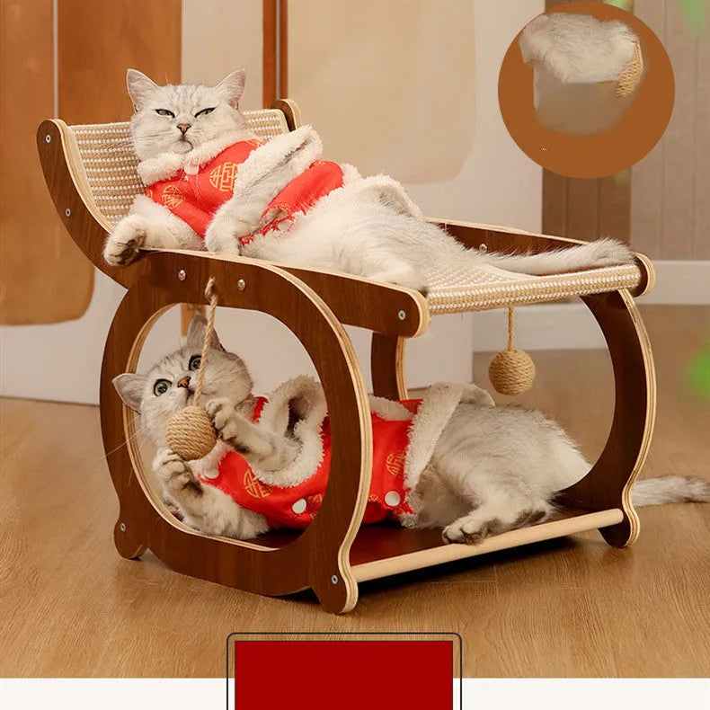 Solid wood cat scratcher bed with sisal matting in walnut colour finish