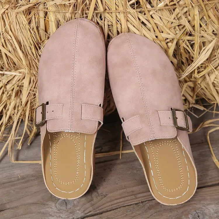 Women's casual wedge slippers in light brown with closed toe and rubber sole