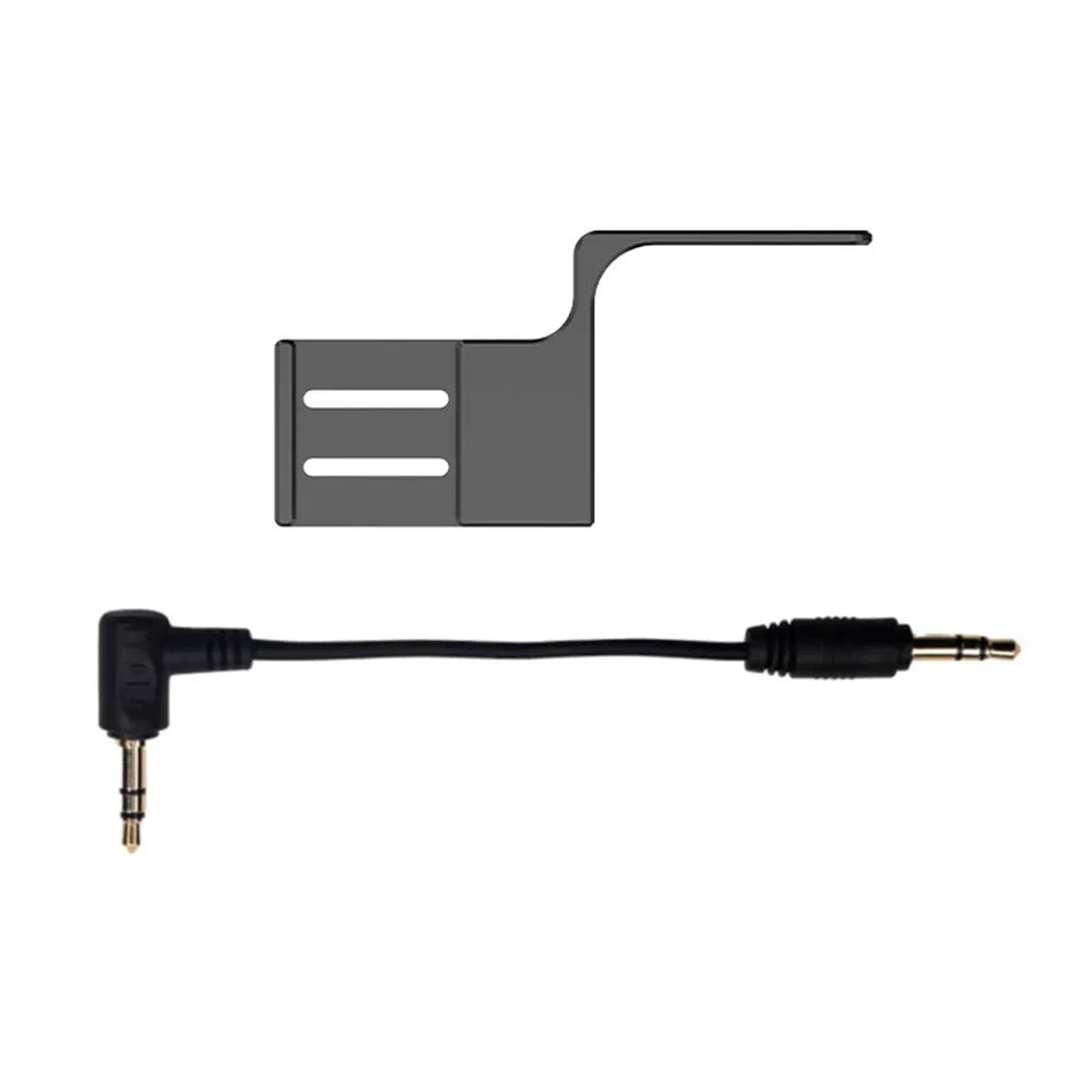 Black aluminium microphone extension bracket with adapter cable on table