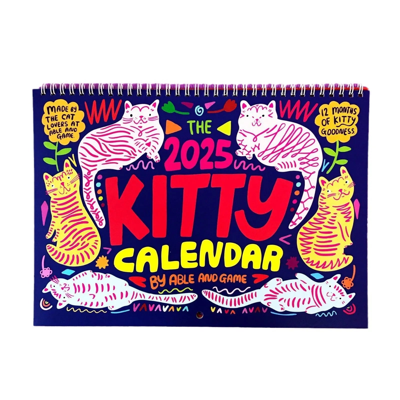 Cat-themed wall calendar with monthly date grid on paper for 2024 or 2025 planning
