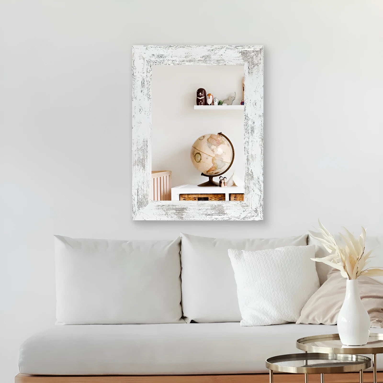 White MDF frame wall mirror with retro Chinese design in modern pastoral style