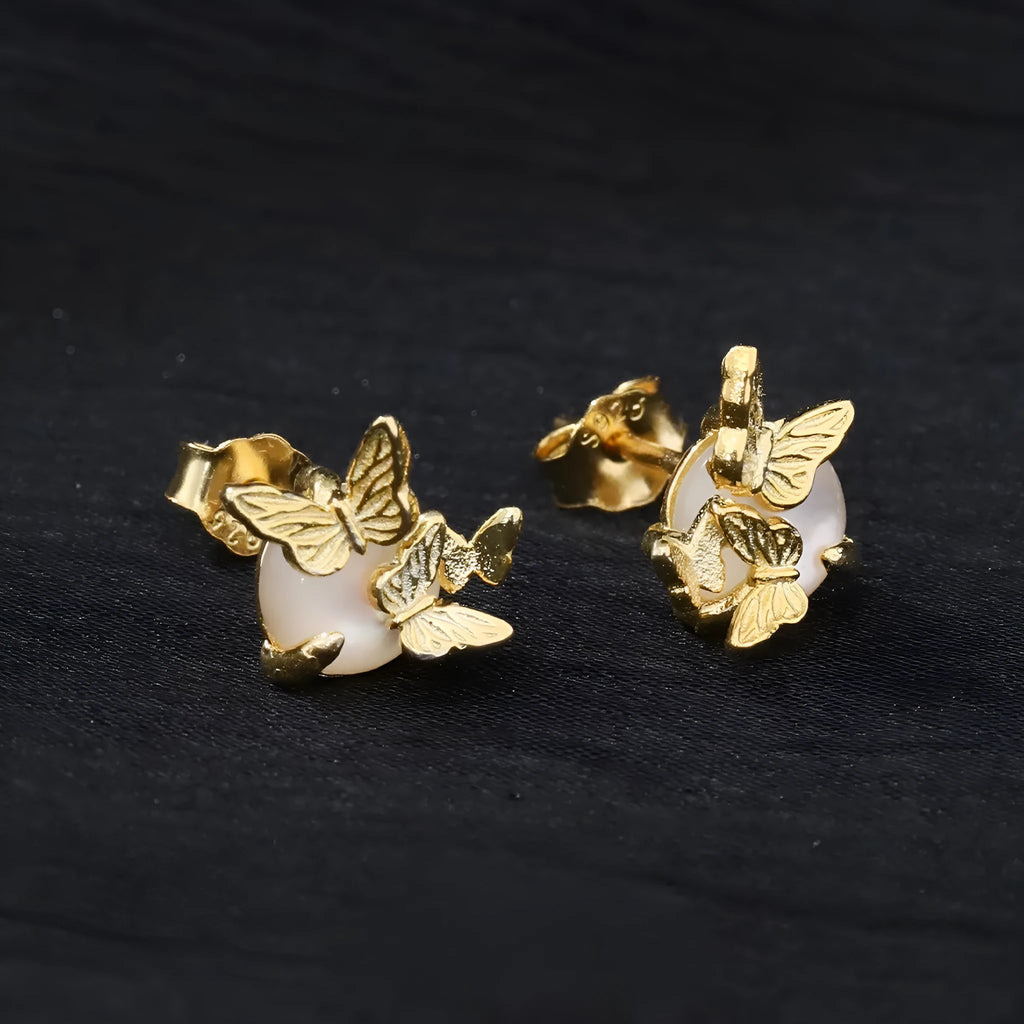Butterfly ear studs in 925 sterling silver with electroplated white gold or gold finish and zodiac animal design