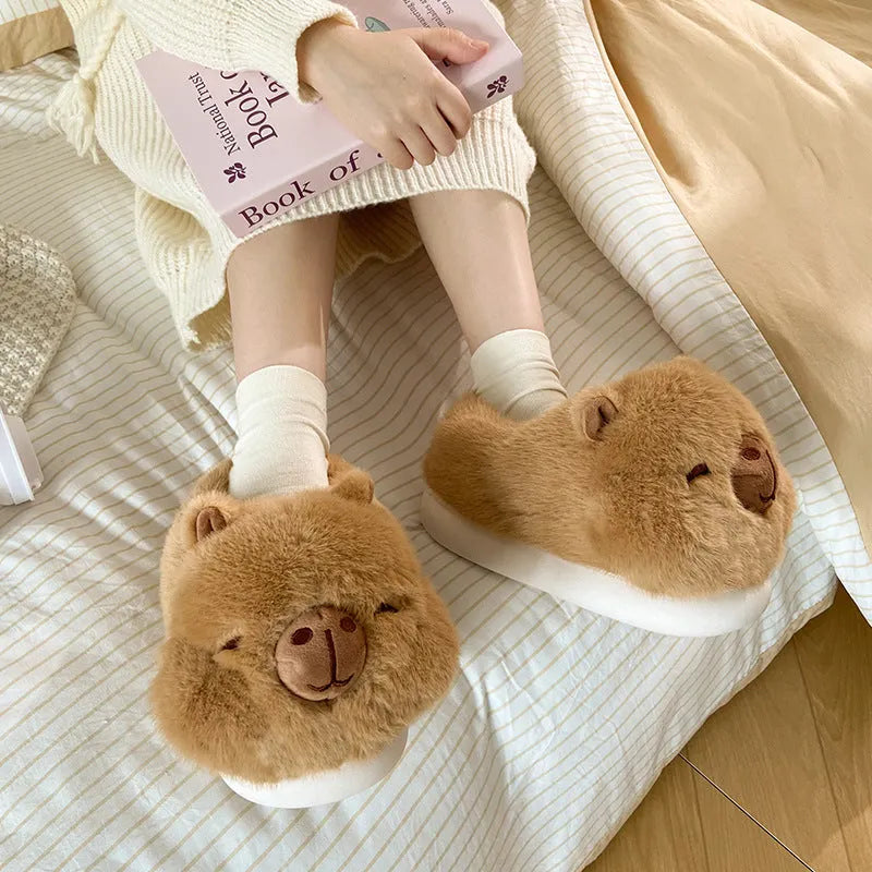 Light brown women's winter slippers with cartoon pattern and artificial wool lining
