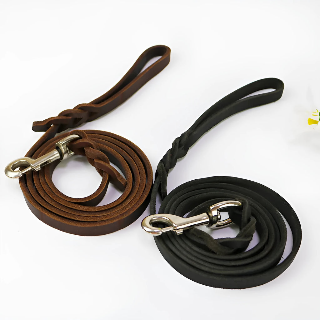 Cowhide leather dog walking lead in black or light brown, 120cm to 260cm long and 1.2cm wide.