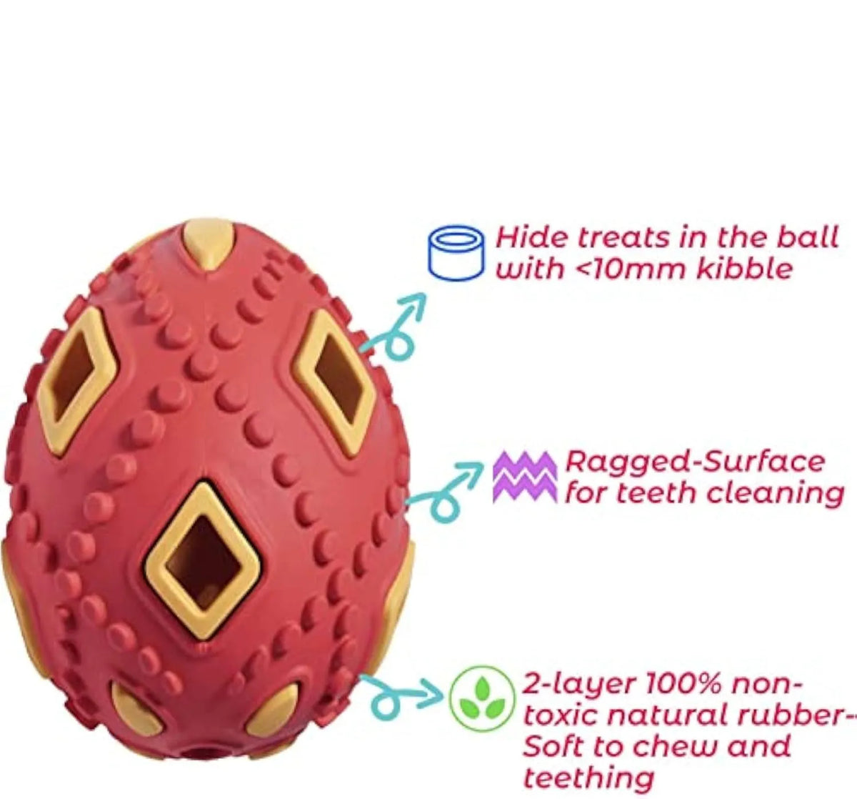 Egg-shaped puppy treat dispensing chew toy for small dogs in purple or red with shine or sound option