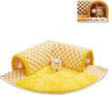 Brown plaid cat tunnel bed with central mat showing fluffy material and non-slip bottom