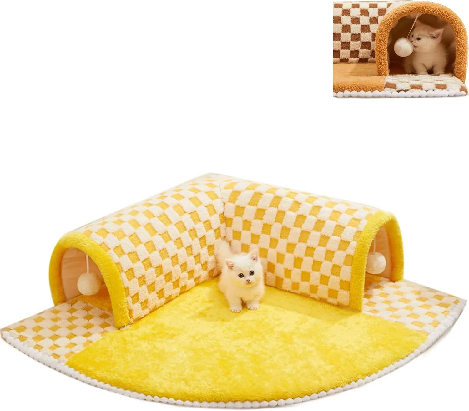 Brown plaid cat tunnel bed with central mat showing fluffy material and non-slip bottom