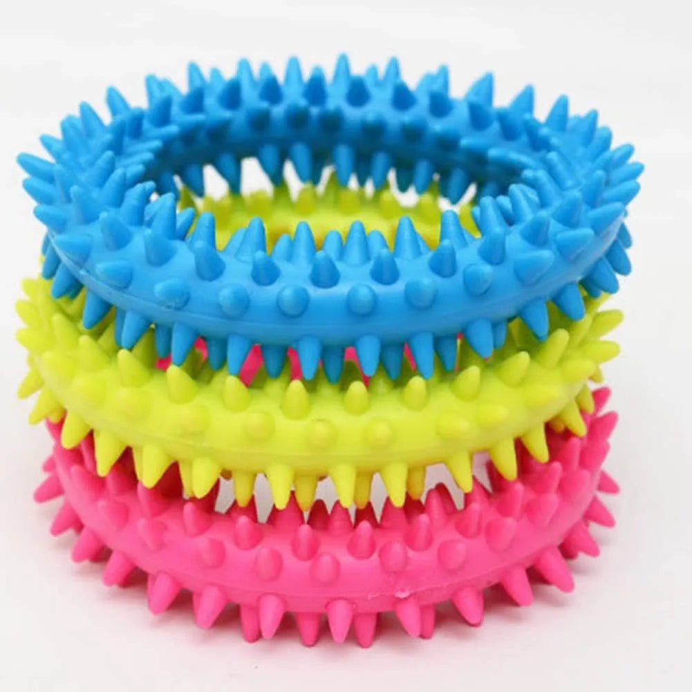 TPR spiky circle ring dog chew toy in blue with textured dental cleaning nubs