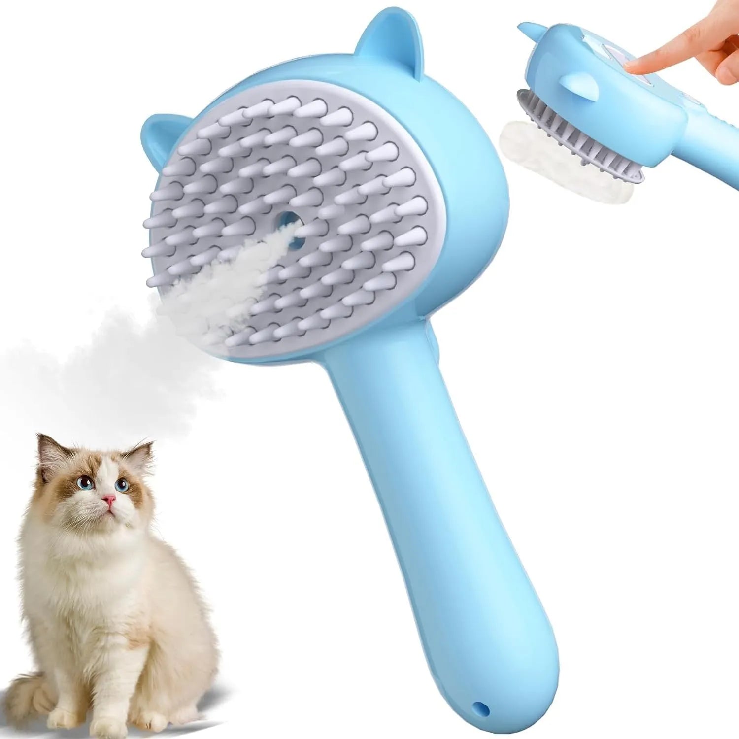 Blue 4-in-1 cat steam brush with ergonomic handle and release button for pet grooming
