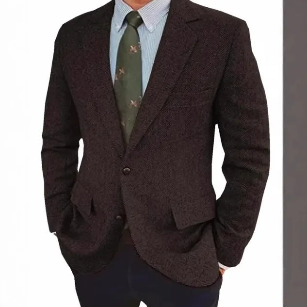 Men's brown herringbone pattern suit jacket with long sleeves and a retro business casual style