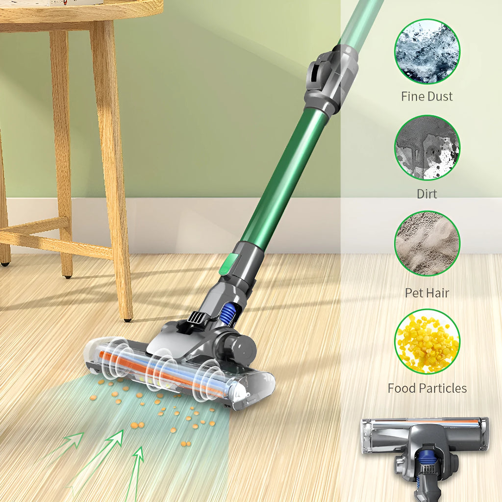 Green handheld wireless vacuum cleaner with foldable tube, LED light, 0.5L dust cup and HEPA filter for car and home