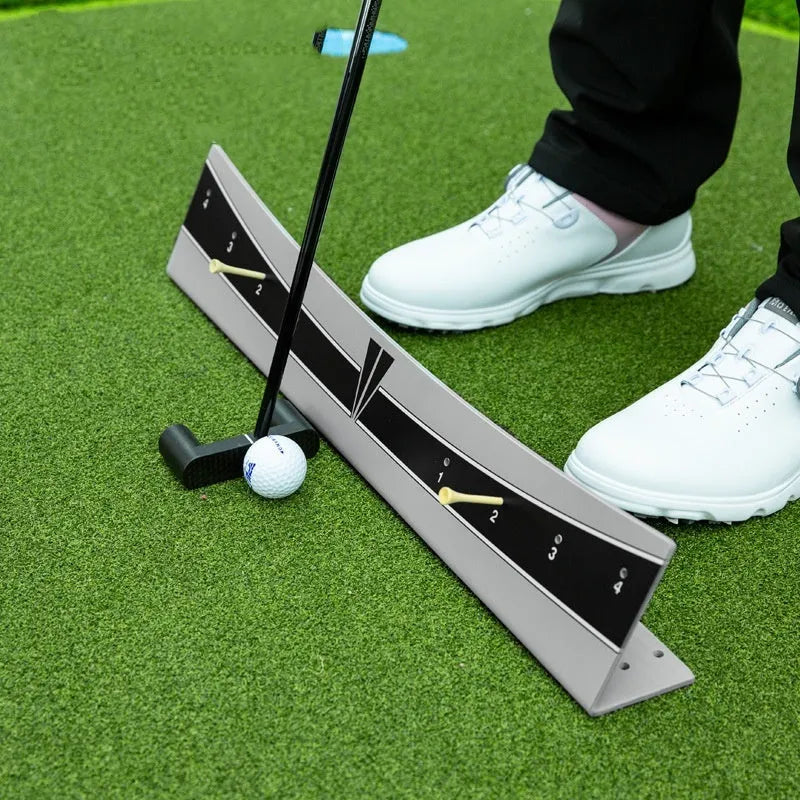 Golf putter trajectory balance simulator with adjustable push rod on PVC base
