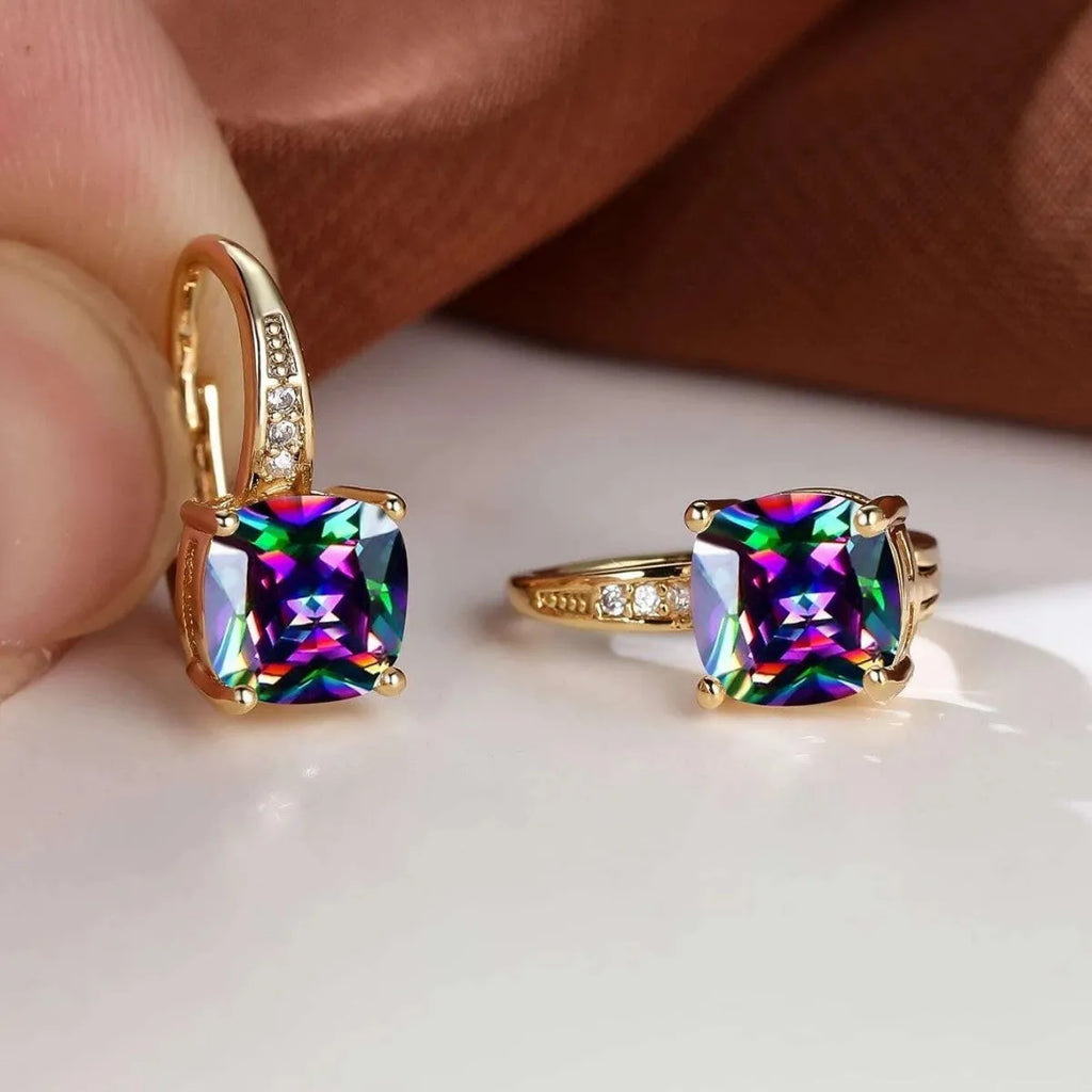 Square geometric copper ear clip earrings with colourful moissanite inlay and electroplated gold finish.