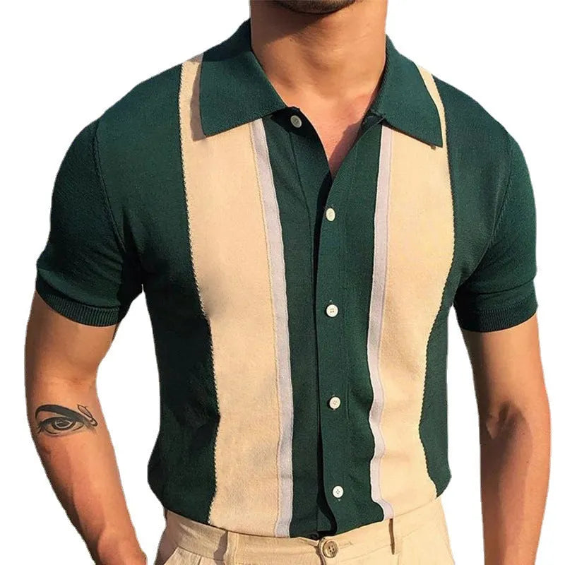 Men's short sleeve polo shirt with lapel collar and contrast colour knit, available in black or green.