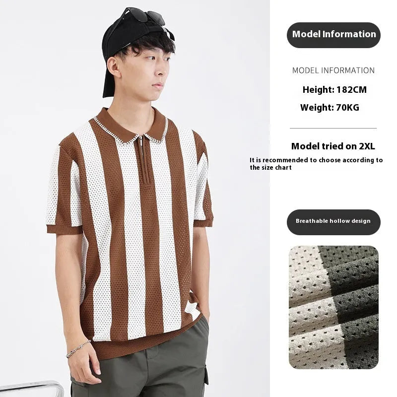 Men's ice silk short sleeve sweater with striped pattern and front zipper details in multiple colour options