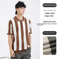 Men's ice silk short sleeve sweater with striped pattern and front zipper details in multiple colour options
