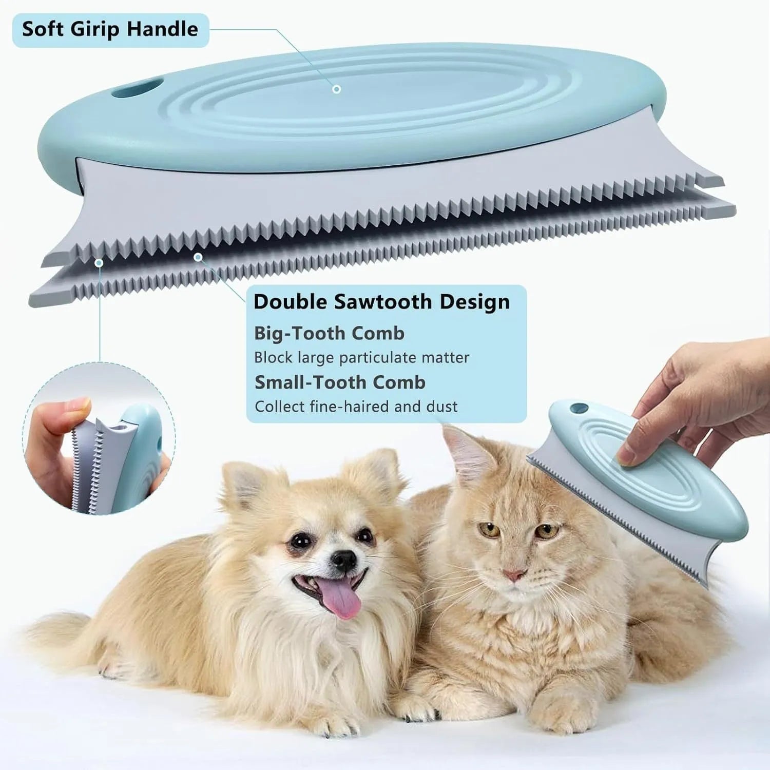 3-piece pet hair remover set with metal tool, silicone brush, and round carpet scraper on a fabric surface.