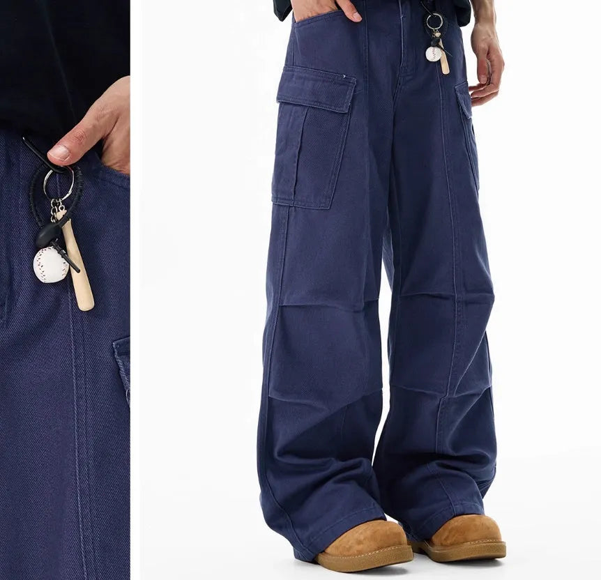 Men's wide-leg overalls in 100% cotton, loose straight mid waist multi-pocket design with zip fly, Black Blue Khaki