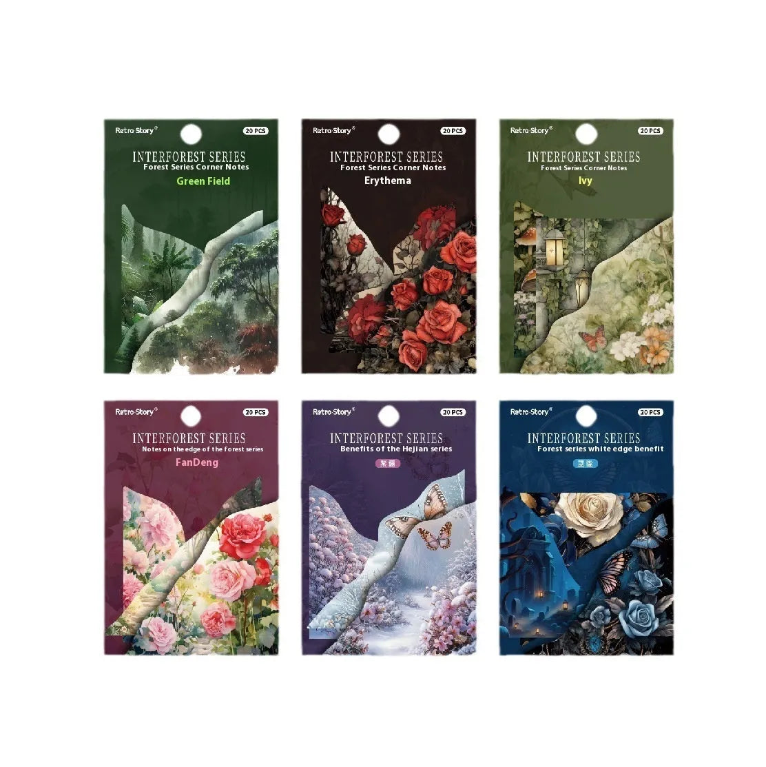 Set of 20 nature pattern bookmarks in Spring Vine, Pink Plum, Red Rose, Blue, Green Wild, and Purple Dew colours