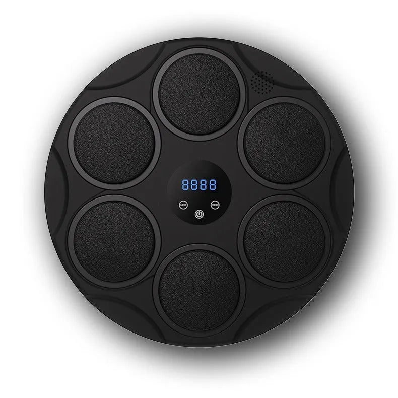 Black smart Bluetooth boxing target with coloured lights mounted on wall for fitness training