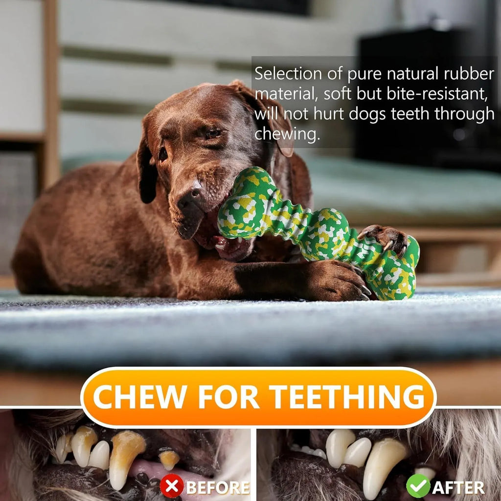 Organic natural rubber dog chew toy in camouflage pattern for aggressive chewers, showing two size options