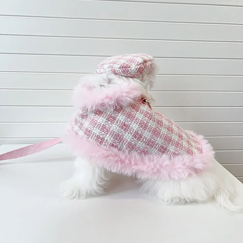 Pink cat costume set with cloak, beret and hand-holding rope