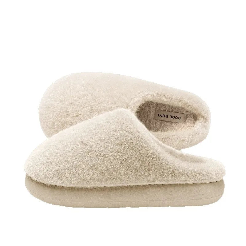Non-slip winter cotton-padded slippers with artificial wool lining and plush upper, flat heel, sizes 36-45