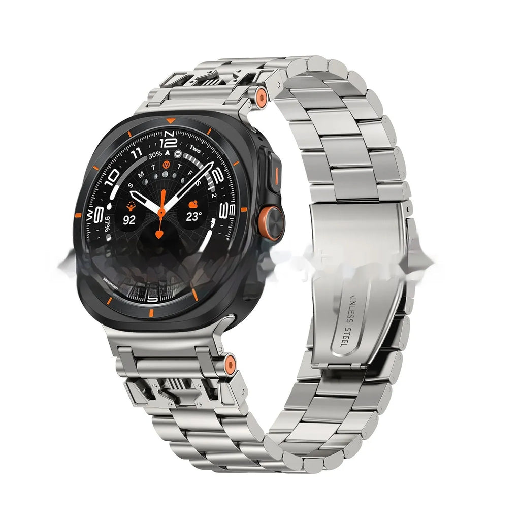 Samsung metal watch strap with three steel band armour design in Black, Starlight, or Silver