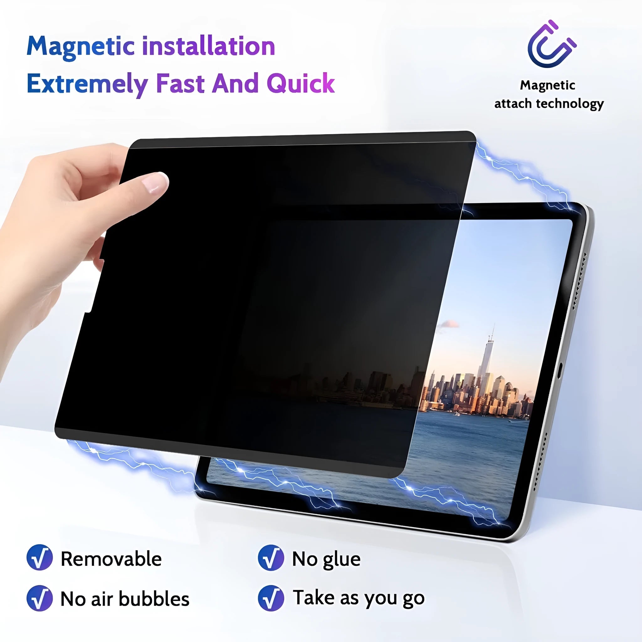 Magnetic iPad privacy screen protector and storage clip on a table