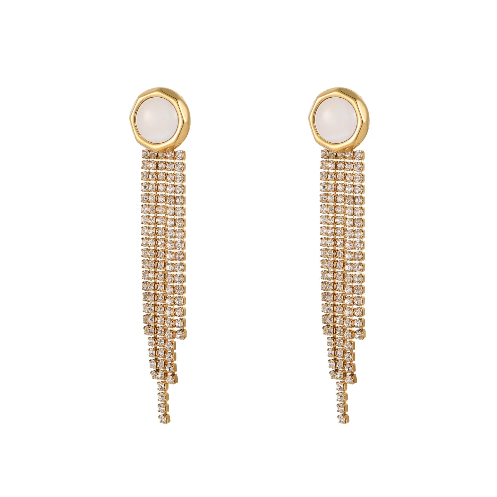 Women's stainless steel earrings with 18K electroplating in heart, star and geometric shapes featuring diamond tassels
