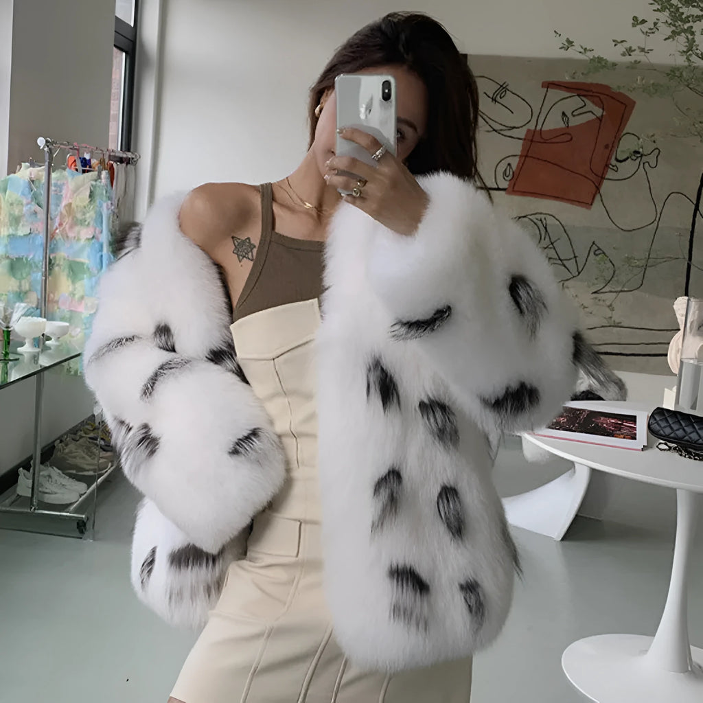 Women's black and white faux fur coat in Korean style with short length and slim fit