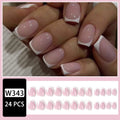 24 white plaid-patterned plastic fake nail tips arranged showing design detail