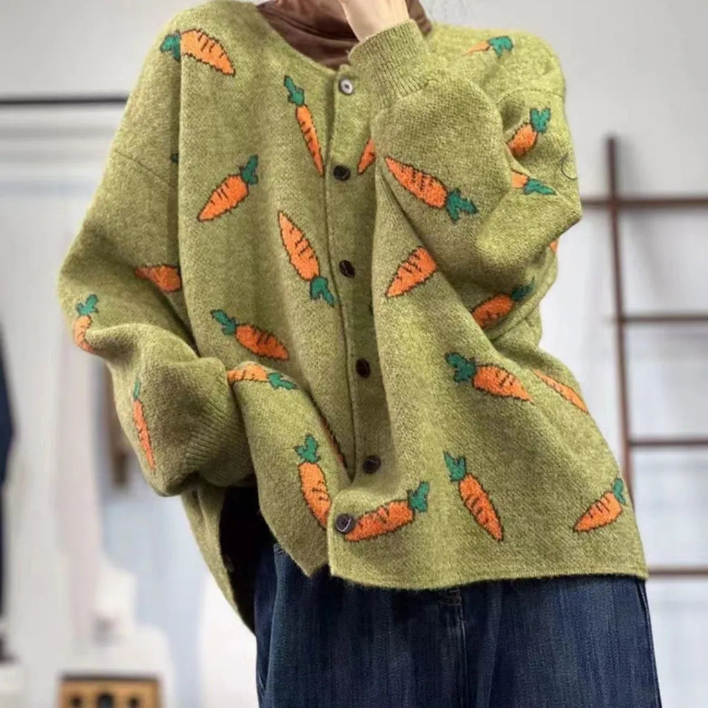 Mori artistic printing cardigan sweater with colour contrast design and loose fit