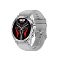 Round Bluetooth smartwatch with AMOLED screen on a silicone strap, showing fitness stats.